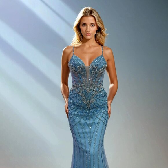 New Sequins Embellished Maxi Party Gown w/ Rhinestones & Zipper Back JT2709T - Picture 1 of 8